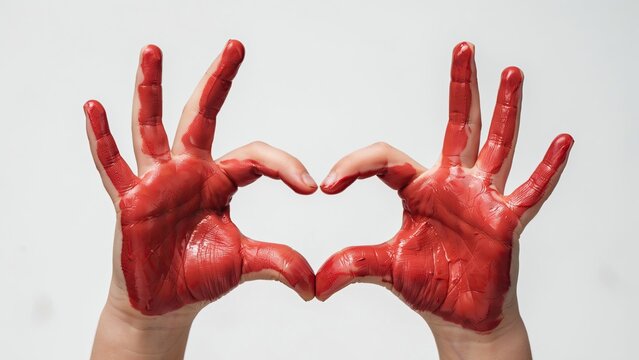 Two hands covered in red paint forming a heart shape with fingers extended and palms facing forward