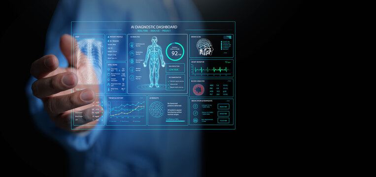Doctor interacting with a futuristic AI diagnostic dashboard displaying holographic medical analytics, patient health monitoring, radiology, laboratory results, and predictive healthcare technology.