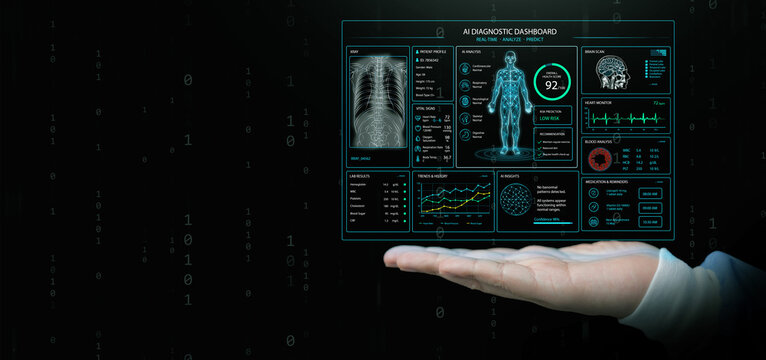Futuristic AI diagnostic dashboard above doctor hand with digital patient analytics on dark copy space. Medical imaging, vital signs, laboratory results, predictive healthcare monitoring technology.