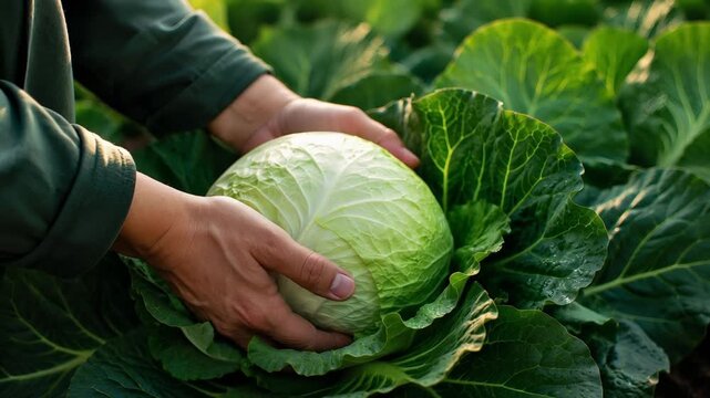 Man holding fresh cabbage among green leaves in a vegetable garden  