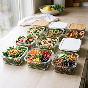 Meal prep containers filled with healthy lunches.