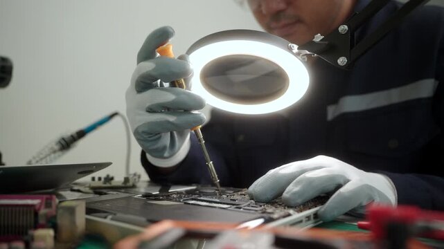 Electronics technician repairing a printed circuit board in a modern repair lab. PCB diagnostics, soldering electronic maintenance, right to repair. Sustainable technology and skilled technician.
