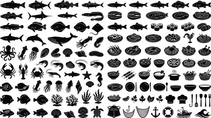 Fresh Seafood Catering and Aquatic Marine Fauna Solid Icon Sheet Featuring Asian Sushi Maki Premium Fish Steaks Gourmet Rice Bowls and Nautical Vessel Silhouettes © MD