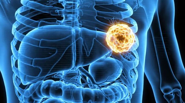 3d medical illustration of a human torso highlighting a tumor in the lung or chest area