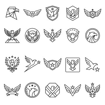 Modern collection of eagle emblems, military badges, winged shields, heraldic insignias, and aviation-inspired line icons. Perfect for security companies, military organizations, aviation brands, and 