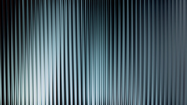 Fractal gradient effect with black glass abstract vertical ribbed pattern. Blue rippled neon striped reed texture on background. Light line design for modern digital art.