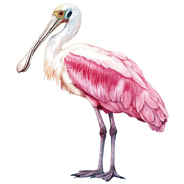 Roseate Spoonbill, watercolor clipart showcasing whimsical details and harmonious color flow, isolated on a white background.