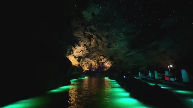 Bioluminescent glow inside a dark natural cave with an underground river. Starry ceiling reflection on water surface. subterranean explorer journey in nature grotto.