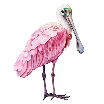 Roseate Spoonbill, watercolor painting capturing graceful lines and soft blended shades, isolated on a white background.
