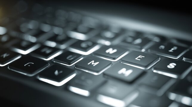 Closeup on adaptive keyboard with enlarged letters and tactile keys on laptop computer screen softly blurred for motor support emphasis.