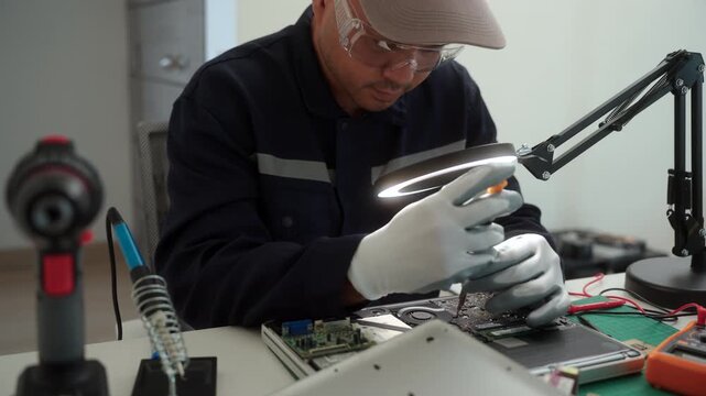 Electronics technician repairing a printed circuit board in a modern repair lab. PCB diagnostics, soldering electronic maintenance, right to repair. Sustainable technology and skilled technician.
