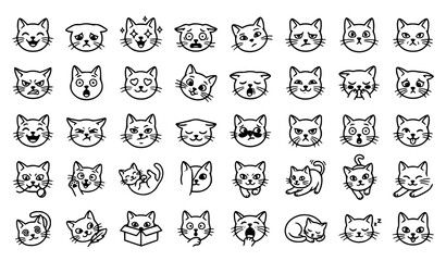 Obraz premium Cute Cat Face Expression Doodle Collection with Hand Drawn Kitty Emoji Outline Vector Icon Set