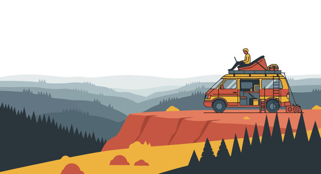 Minimalist layered mountain landscape with pine forest and cliff foreground
