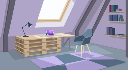 Modern loft home office workspace with a wooden pallet desk and lamp © Martinah