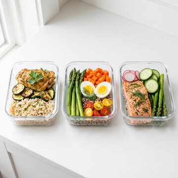 Meal prep containers filled with healthy lunches.