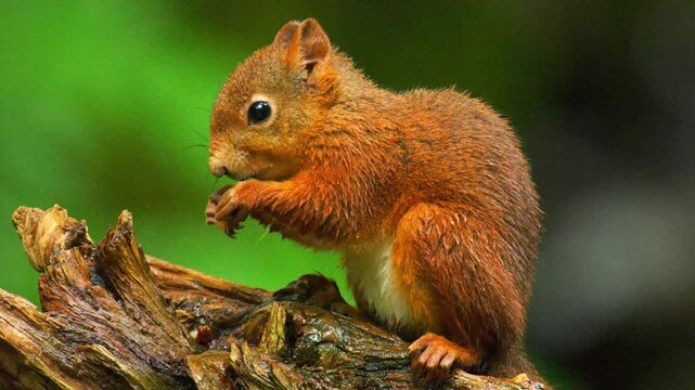 A cute furry red squirrel sitting on a tree log while holding and eating food with its paws in a peaceful forest