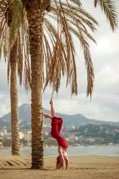 Elegant young woman in red dress, holding glass of wine, having fun and enjoying her vacation on seashore with the city in background