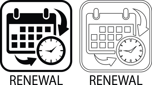 Black flat and line style insurance renewal icons set, collection and group of policy renewal, calendar reminder, schedule update and coverage extension vector symbols isolated on transparent backgrou