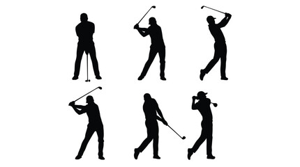 Naklejka premium Golfers performing various swinging motions captured in crisp black silhouettes isolated on a plain white background