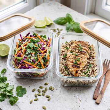 Meal prep containers filled with healthy lunches.