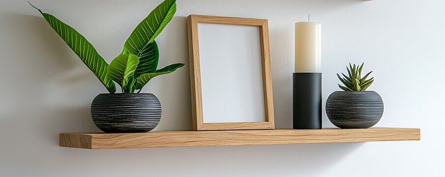 Modern Shelf Display with Plants and Decorative Items, Small wooden picture frame wooden shelves white wall