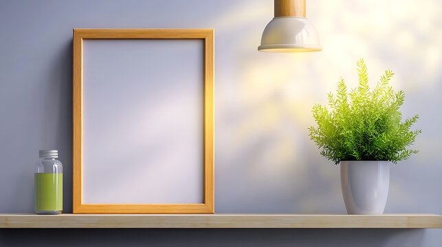 Modern Home Decor with Frame, Plant, and Light, Small wooden picture frame wooden shelves white wall