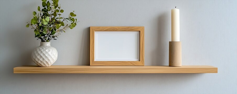 Minimalist Shelf Decor with Frame and Candle, Small wooden picture frame wooden shelves white wall