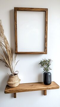 Minimalist Wall Decor with Wooden Frame and Shelves, Small wooden picture frame wooden shelves white wall
