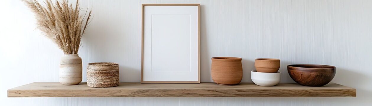 Rustic Decor with Plants and Empty Frame Display, Small wooden picture frame wooden shelves white wall