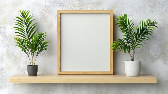 Empty Frame on Minimalist Shelf with Green Plants, Small wooden picture frame wooden shelves white wall