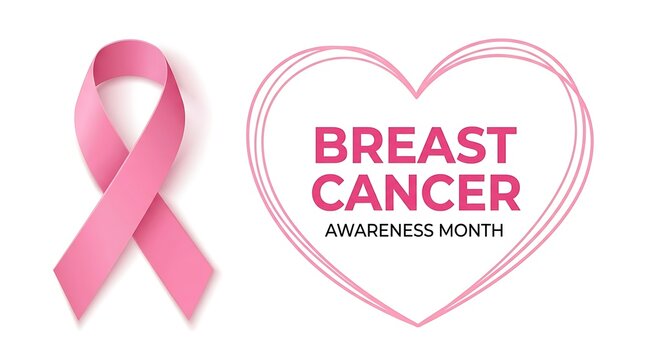 Pink breast cancer awareness ribbon and heart graphic with text breast cancer awareness month pink ribbon