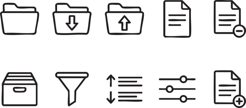 file folder icon set for document storage organization download upload data filter sort and management design