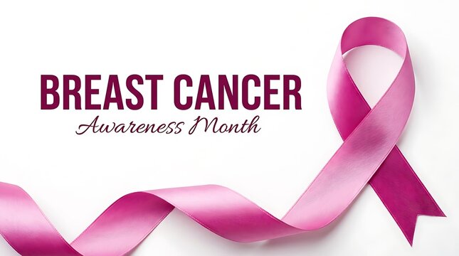 Pink breast cancer awareness ribbon and text Breast Cancer Awareness Month on white pink ribbon support