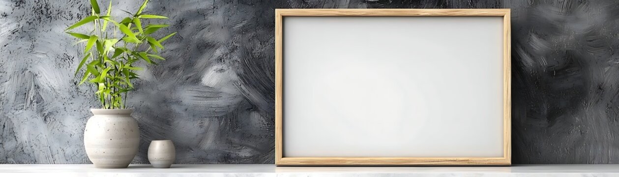 Modern Minimalist Display with Blank Frame and Plants, Small wooden picture frame wooden shelves white wall