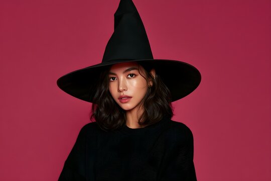Mysterious young witch in black pointed hat, beautiful woman in Halloween costume, dark sorceress portrait on magenta background