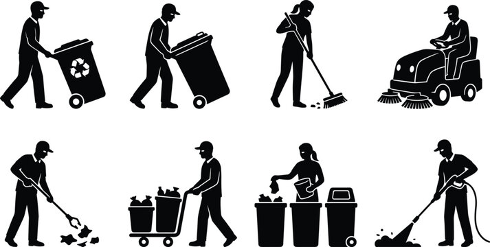 Black and white cleaning and waste management vector icons set featuring sanitation workers and services