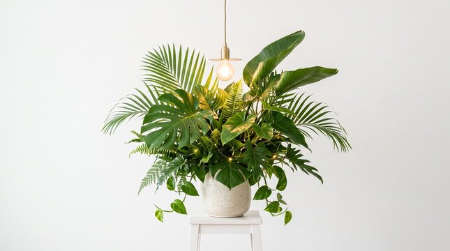 A lush arrangement of various tropical green plants in a white pot sitting on a white pedestal stand