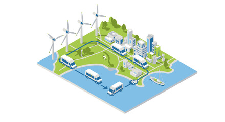 Fototapeta premium Isometric illustration of a smart city with electric buses, wind turbines, and sustainable urban development