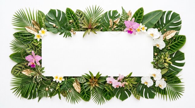 Rectangular frame made of lush tropical green leaves and vibrant exotic flowers on a clean white background surface