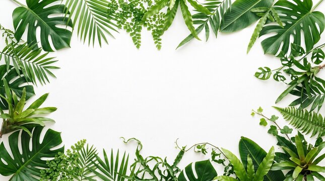 A beautiful frame made of various green tropical leaves isolated on a clean white background with copy space