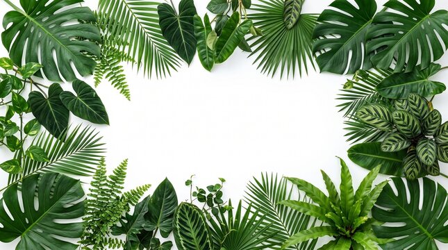 A beautiful frame made of various tropical green leaves with a white empty space in the center background