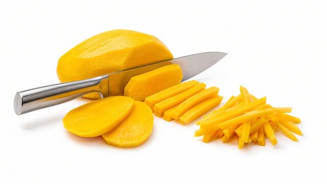 Fresh peeled mango sliced into rounds and julienne sticks with a sharp stainless steel knife isolated on white background