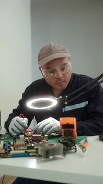 Electronics technician repairing a printed circuit board in a modern repair lab. PCB diagnostics, soldering electronic maintenance, right to repair. Sustainable technology and skilled technician.

