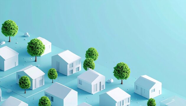 Clean 3D isometric architectural model of a white town on light blue background