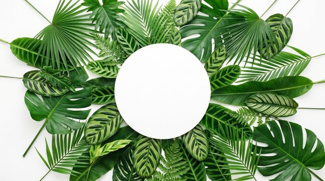 A circular white copy space frame surrounded by various lush tropical green leaves on a clean white background