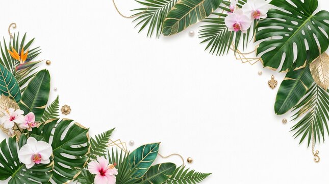 Beautiful tropical floral frame featuring lush green monstera leaves and vibrant pink hibiscus flowers on white background space