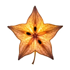 Fototapeta premium Backlit star fruit half with amber stained glass translucent texture, isolated on pure transparent background