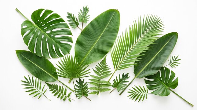 Top view of various tropical green leaves arranged on a white background creating a beautiful natural botanical pattern
