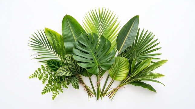 A beautiful arrangement of various tropical green leaves isolated on a clean white background for summer design projects