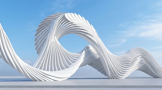 Abstract white parametric sculpture featuring fluid curvilinear forms against a bright blue sky background